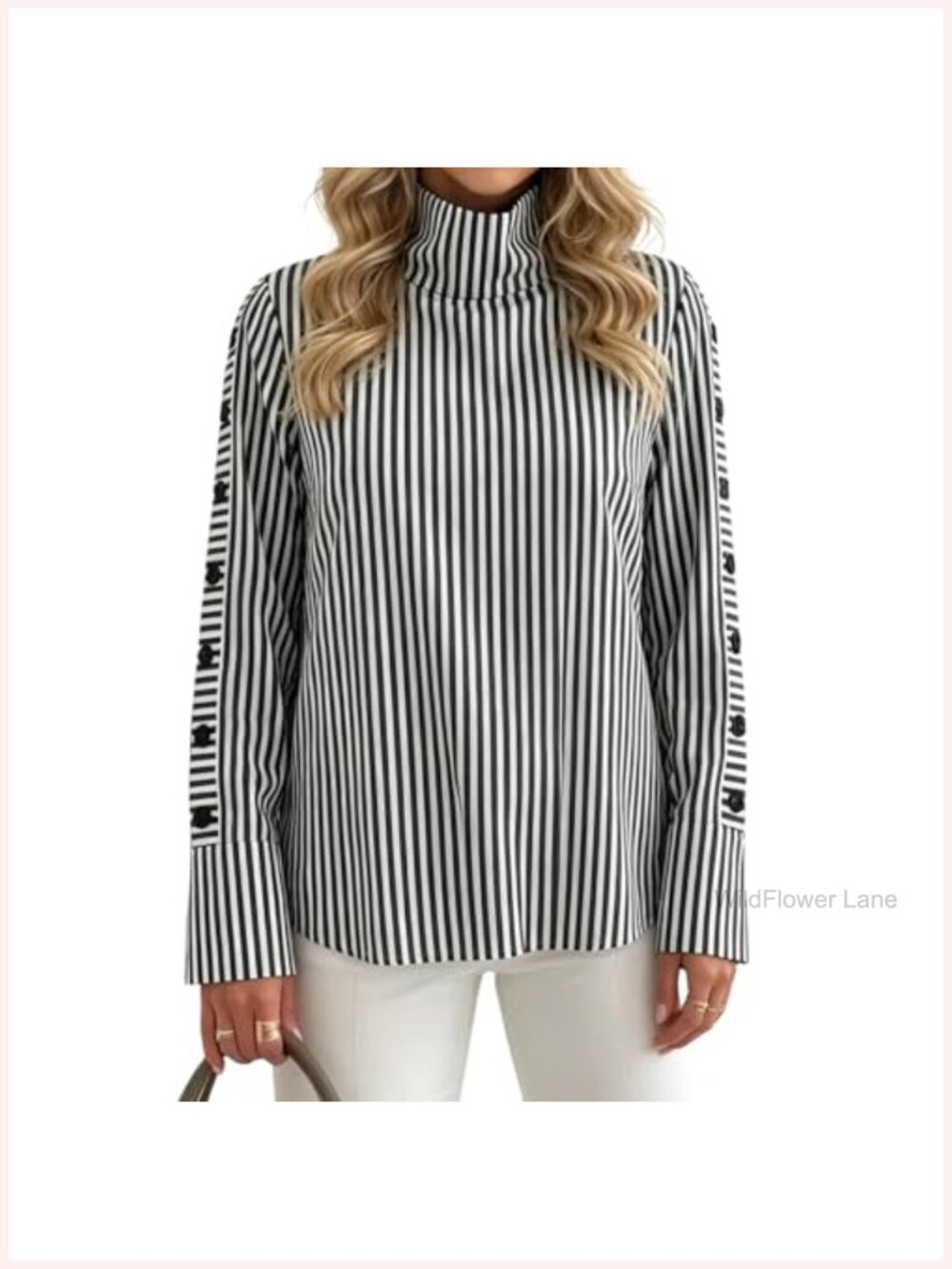 Women's Long Sleeve Striped High Neck Blouse Slim Fit Stretch Pullover Top